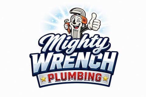 Mighty Wrench Plumbing logo featuring a cheerful cartoon plumber character holding a wrench with a thumbs up